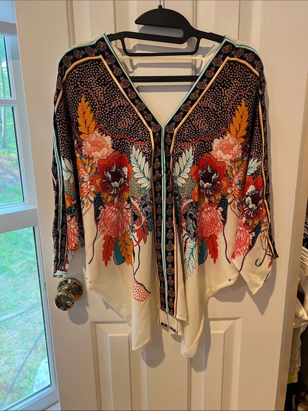 Rose & Olive Floral Kimono-Style Tunic in Black, Red, Teal and Cream